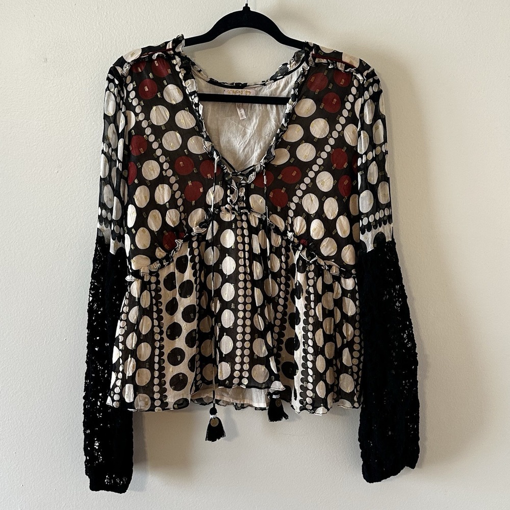 Verb Pallavi Singhee Crochet Peasant Blouse Babydoll Top Polka Dot Tie Front‎ M